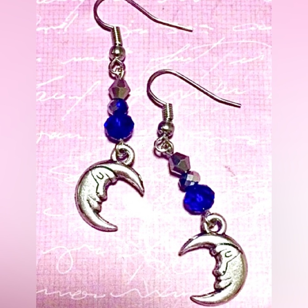 Silver Crescent Moon Cobalt Blue Crystal Metallic Glass Bead Celestial Earrings